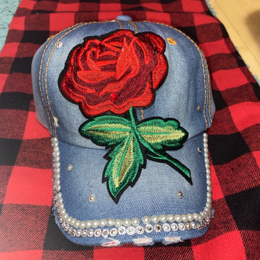 Denim Rose Studded Baseball Cap